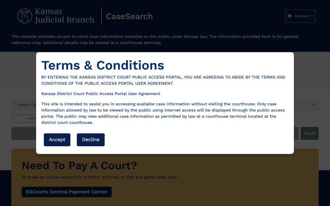 Kansas CaseSearch portal for Republic County court records after a jail arrest