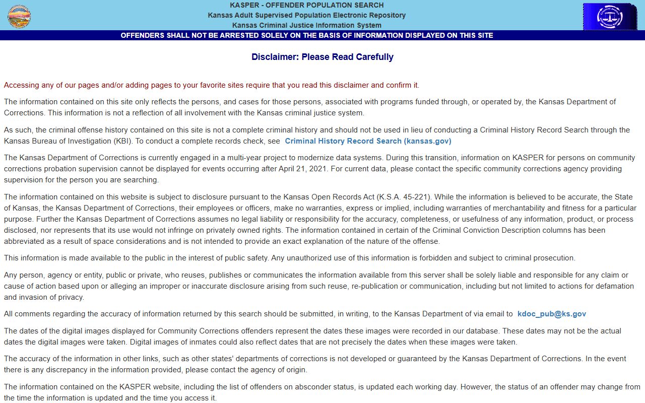 KDOC KASPER search disclaimer for Republic County inmate records after state sentencing