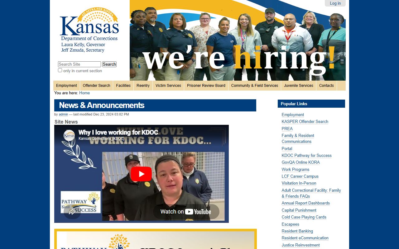 Republic County inmate population KDOC state custody search context